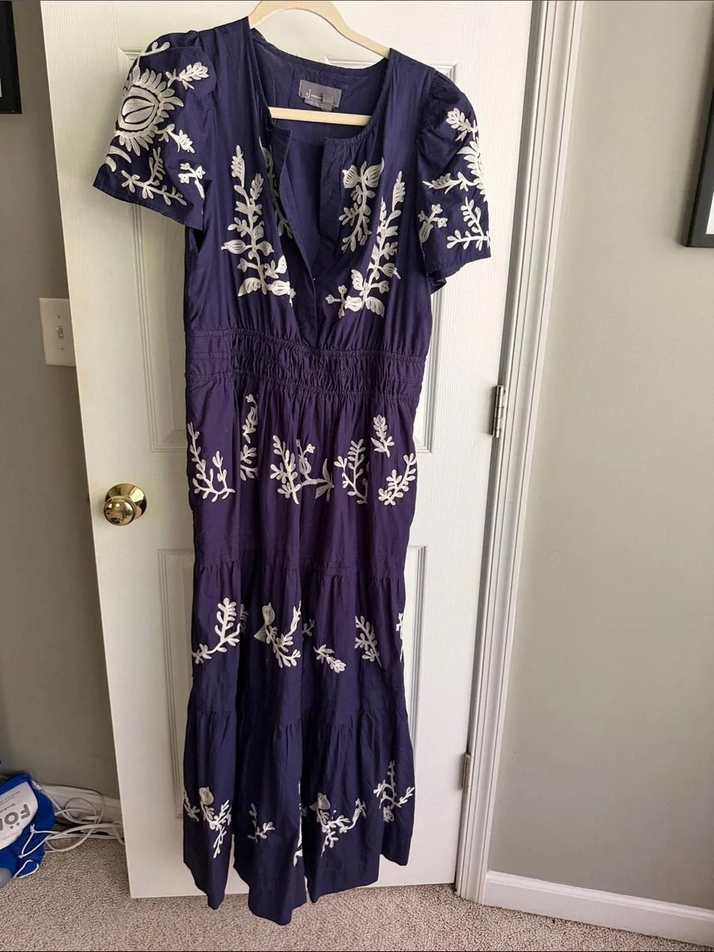 Anthropologie Navy Maxi Dress with White Floral Embroidery